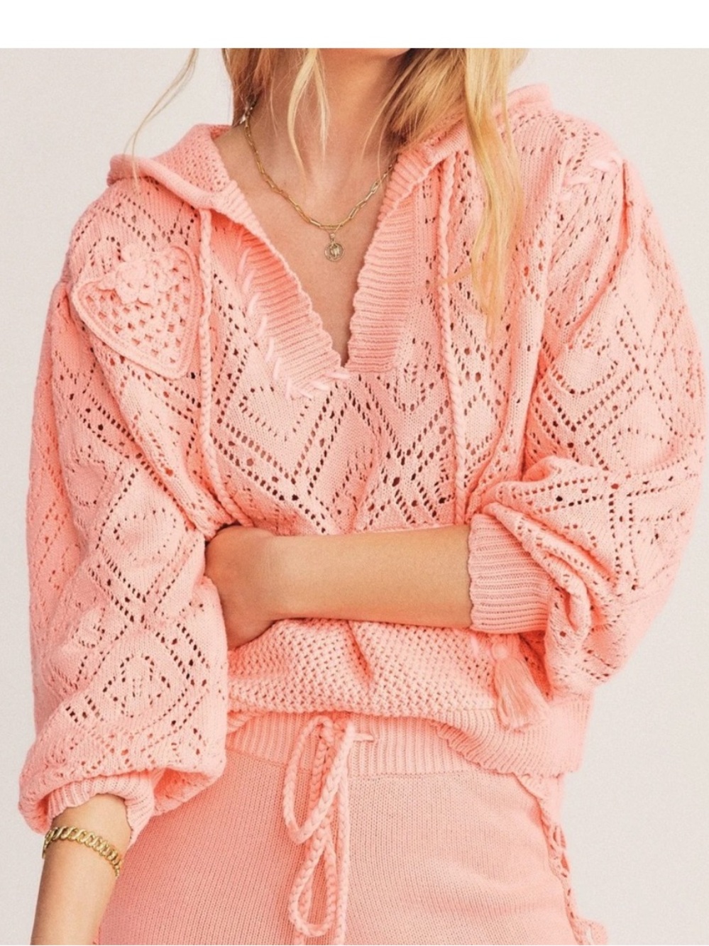 LoveShackFancy Tomaso Peach Knit Hoodie Sweater